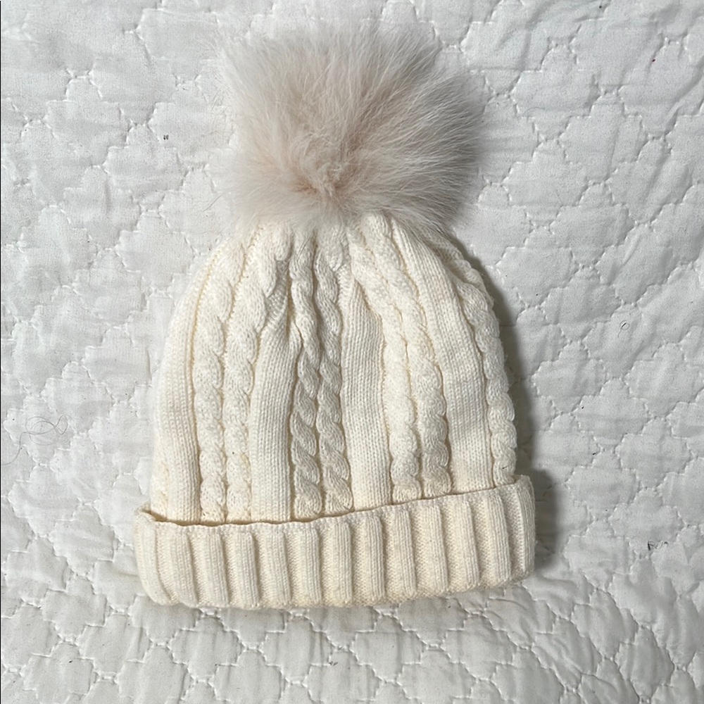 Cream Knit Fox Fur Pom-Pom Beanie Hat